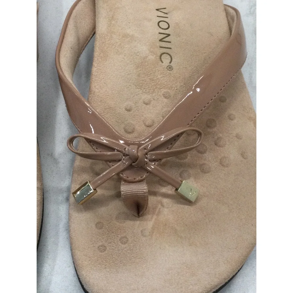 Vionic Bella II Nude Patent Bow Flip Flop Sandals Women 10 Wide Orthotic Support